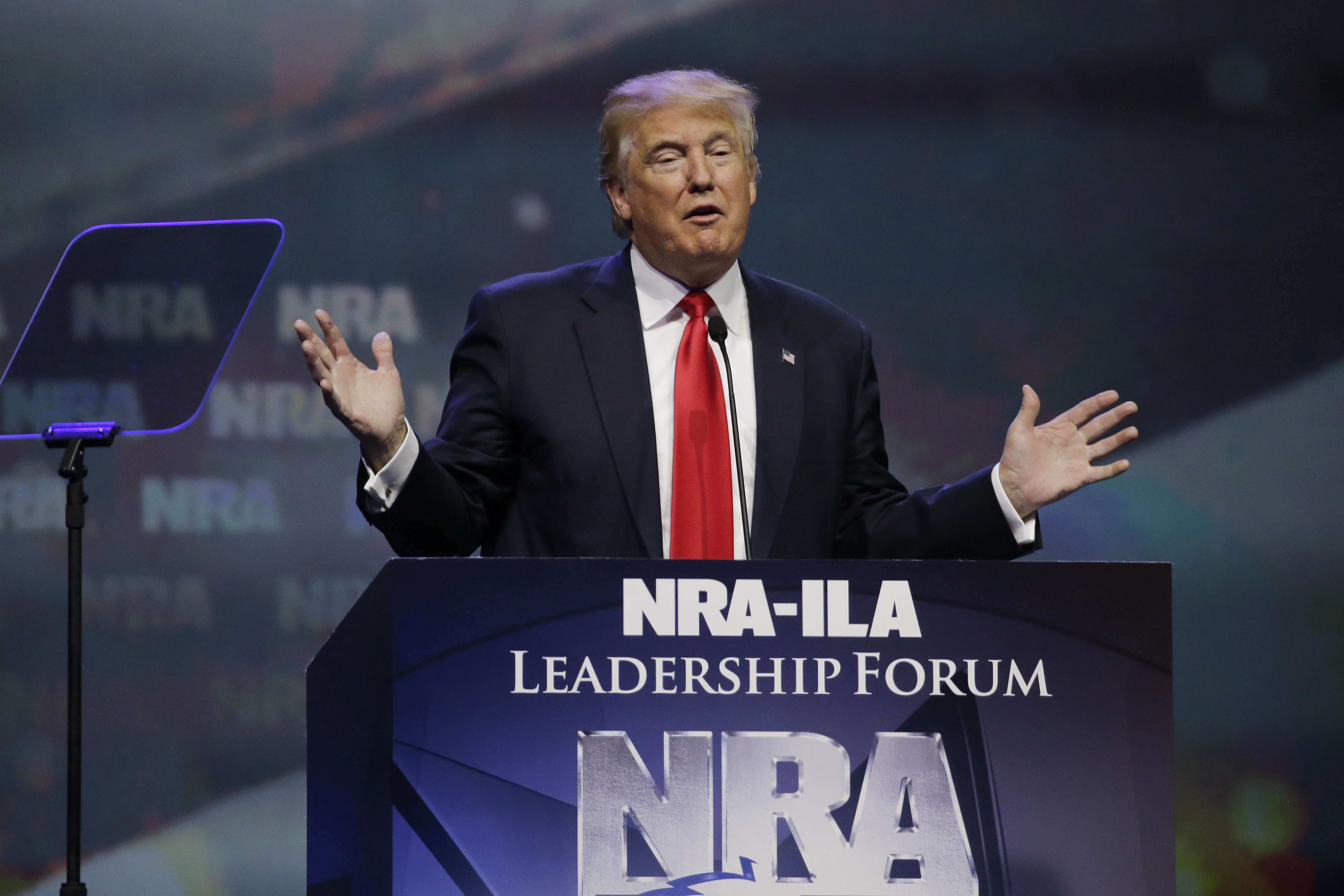 Republican presidential candidate Donald Trump speaks at the National Rifle Association convention Friday, May 20, 2016, in Louisville, Ky. (AP Photo/Mark Humphrey)