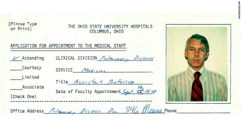 This file photo shows a 1978 employment application information for Dr. Richard Strauss, from Ohio State University personnel files reviewed by The Associated Press. Strauss, who died in 2005, has been accused of sexual misconduct by former college student athletes. Ohio State says the firm conducting an independent investigation also is reviewing whether Strauss examined high school students. (Ohio State University via AP, File)