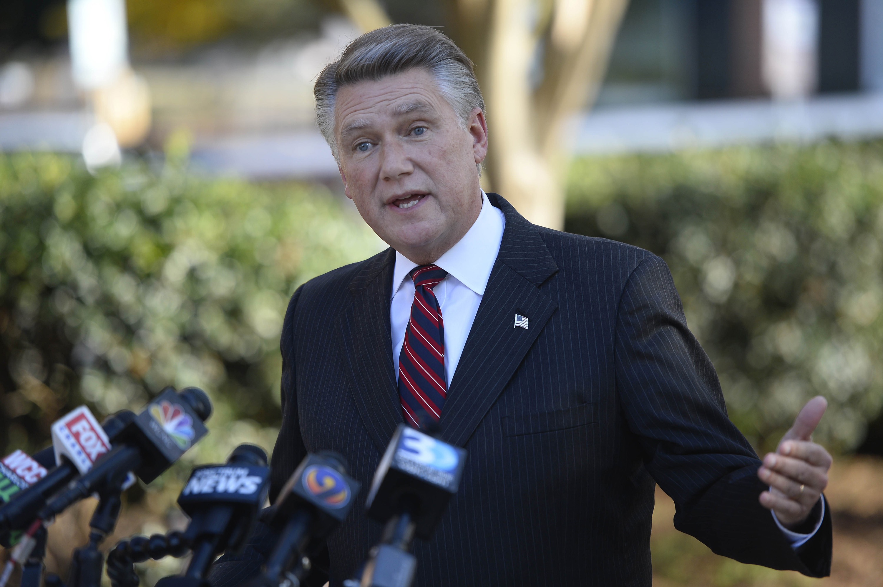 Republican NC-9th District Congressional candidate Mark Harris answers questions at a news conference at the Matthews Town Hall on Wednesday, Nov. 7, 2018, in Matthews, N.C. Harris declared victory over Democrat Dan McCready early Wednesday morning and McCready later conceded. (David T. Foster III/Charlotte Observer/TNS)