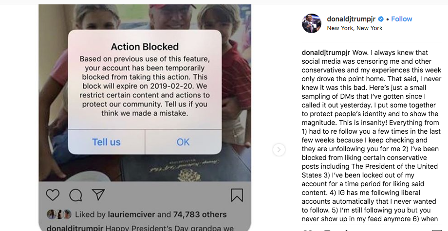 don jr writes a caption longer than the gettysbu!   rg address yelling about instagram - action blocked on instagram follow