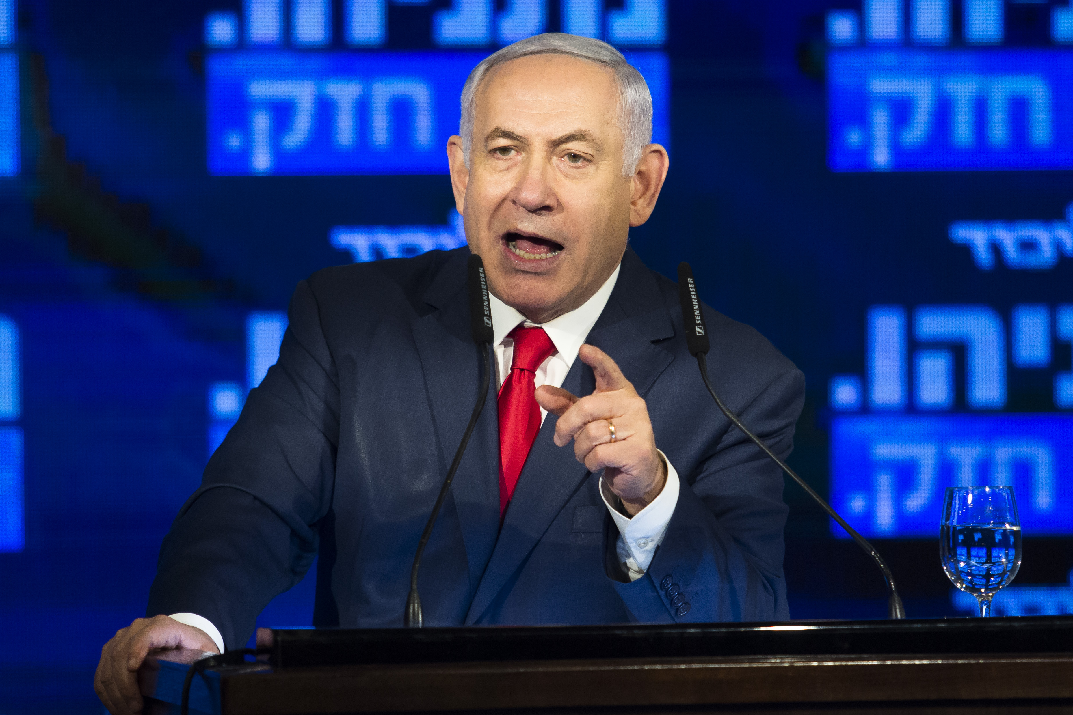RAMAT GAN, ISRAEL - MARCH 04: Israel's Prime Minster Benjamin Netanyahu delivers a speech during the launch of the Likud party election campaign on March 4, 2019 in Ramat Gan, Israel. (Photo by Amir Levy/Getty Images)