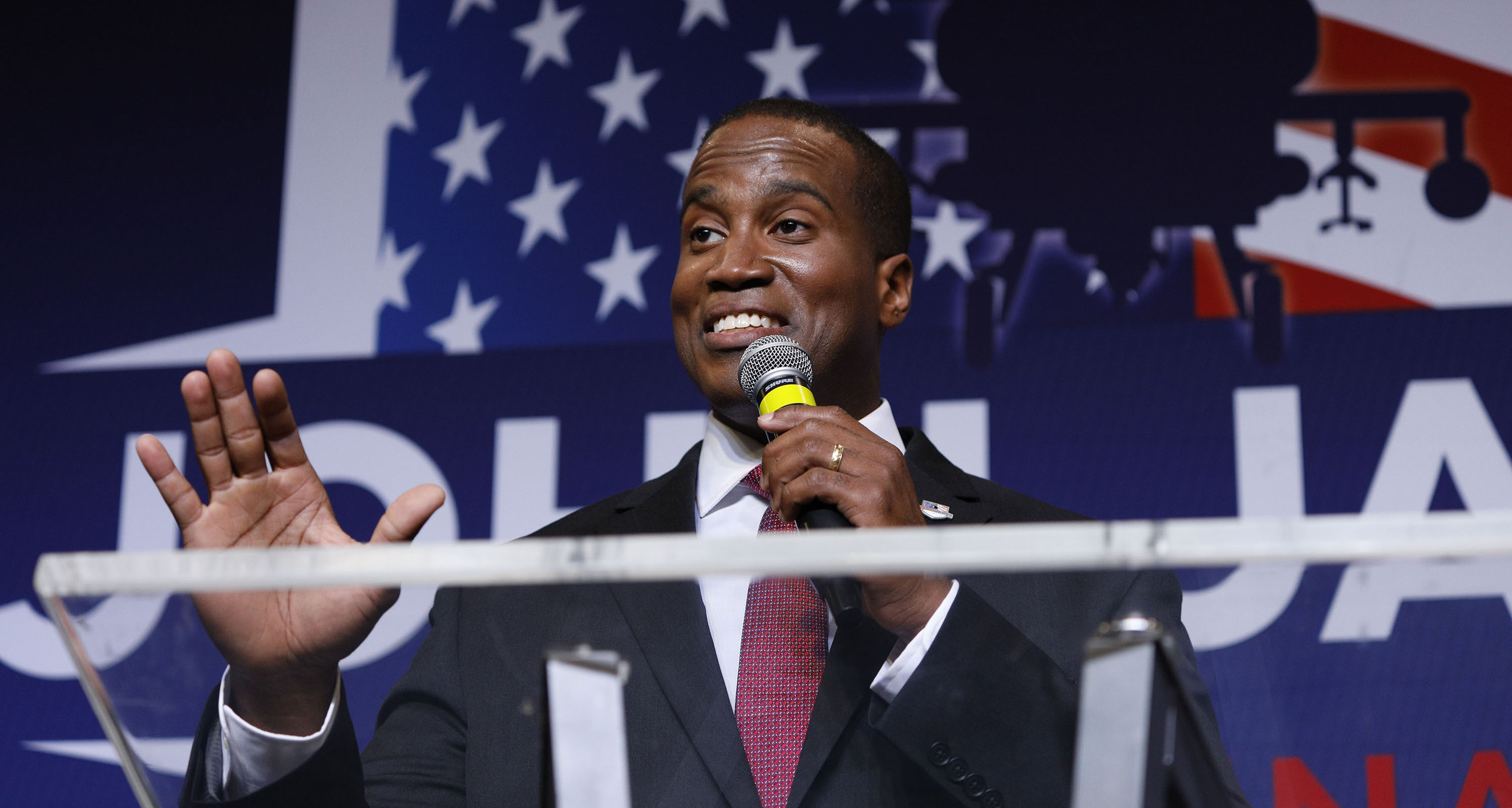 DETROIT, MI - AUGUST 7: John James, Michigan GOP Senate candidate, speaks at an election night event after winning his primary election at his business James Group International August 7th, 2018 in Detroit, Michigan. James, who has President Donald Trump's endorsement, will face Democrat incumbent Senator Debbie Stabenow (D-MI) in November. (Photo by Bill Pugliano/Getty Images)