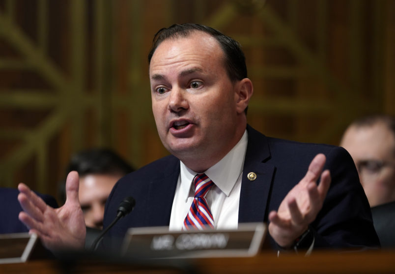 Sen. Mike Lee, R-Utah, questions Supreme Court nominee Brett Kavanaugh as he testifies before the Senate Judiciary Committee on Capitol Hill in Washington, Thursday, Sept. 27, 2018. (AP Photo/Andrew Harnik, Pool)