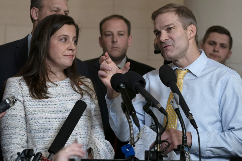 WASHINGTON, DC - NOVEMBER 20: Rep. Elise Stefanik, (R-NY), left, and Rep. Jim Jordan (R-OH), right, speak with reporters following the testimony of Gordon Sondland, the U.S ambassador to the European Union, before the House Intelligence Committee in the Longworth House Office Building on Capitol Hill November 20, 2019 in Washington, DC. The committee heard testimony during the fourth day of open hearings in the impeachment inquiry against U.S. President Donald Trump, whom House Democrats say held back U.S. military aid for Ukraine while demanding it investigate his political rivals. (Photo by Alex Edelman/Getty Images)
