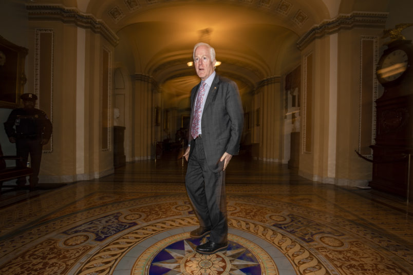 WASHINGTON, DC - JANUARY 30: Sen. John Cornyn (R-TX) returns to the Senate floor following a recess in the Senate impeachment trial of President Donald Trump on January 30, 2020 in Washington, DC. The trial has entered into the second day of the question phase where Senators have the opportunity to submit written questions to the House managers and President Trump's defense team. (Photo by Samuel Corum/Getty Images) *** Local Caption *** John Cornyn