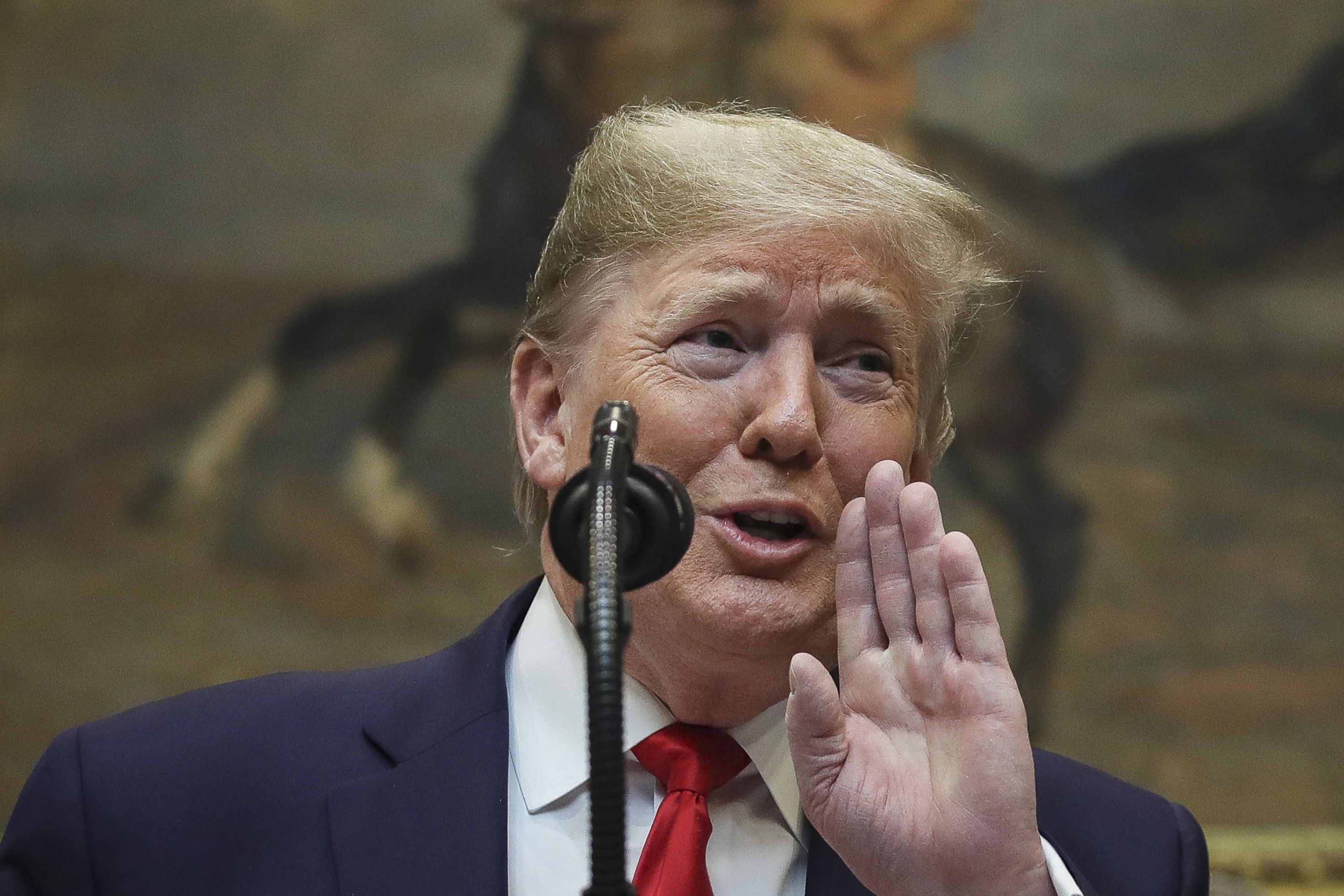 WASHINGTON, DC Ð JANUARY 9: U.S. President Donald Trump speaks during an event to unveil significant changes to the National Environmental Policy Act, in the Roosevelt Room of the White House on January 9, 2020 in Washington, DC. The changes to the nationÕs landmark environmental law would make it easier for federal agencies to approve infrastructure projects without considering climate change. President Trump also took several questions from reporters, including questions of Iran and impeachment. (Photo by Drew Angerer/Getty Images)
