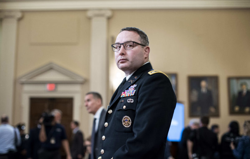 WASHINGTON, DC - NOVEMBER 19: Lt. Col. Alexander Vindman and Jennifer Williams, Special Advisor for Europe and Russia Office of the Vice President, appear before the House Intelligence Committee during the House impeachment inquiry concerning President Donald Trump on Capitol Hill in Washington, DC on Tuesday November 19, 2019. (Photo by Melina Mara/The Washington Post)