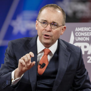NATIONAL HARBOR, MD - FEBRUARY 28: Acting White House Chief of Staff Mick Mulvaney has a conversation with Stephen Moore (not pictured), Distinguished Visiting Fellow for Project for Economic Growth at The Heritage Foundation, on stage at the Conservative Political Action Conference 2020 (CPAC) hosted by the American Conservative Union on February 28, 2020 in National Harbor, MD. (Photo by Samuel Corum/Getty Images) *** Local Caption *** Mick Mulvaney