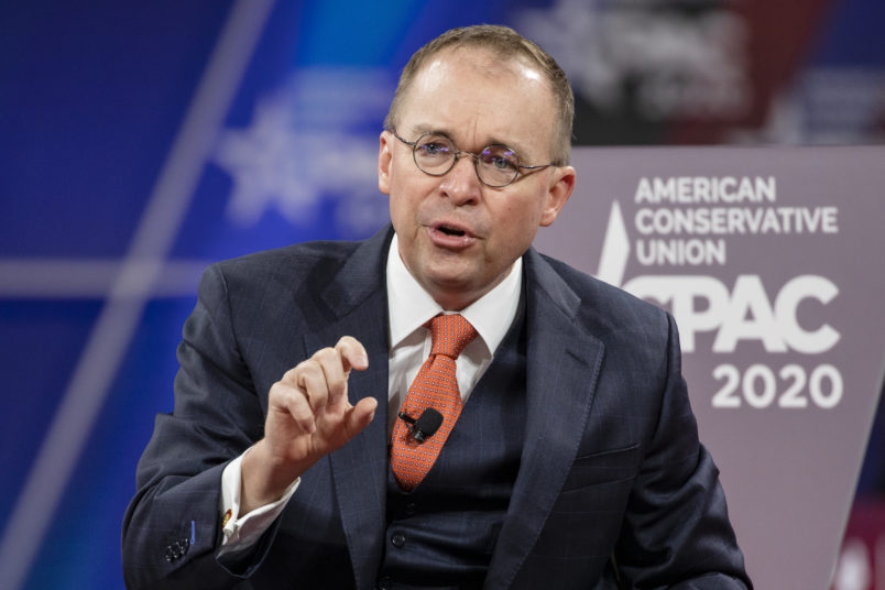 NATIONAL HARBOR, MD - FEBRUARY 28: Acting White House Chief of Staff Mick Mulvaney has a conversation with Stephen Moore (not pictured), Distinguished Visiting Fellow for Project for Economic Growth at The Heritage Foundation, on stage at the Conservative Political Action Conference 2020 (CPAC) hosted by the American Conservative Union on February 28, 2020 in National Harbor, MD. (Photo by Samuel Corum/Getty Images) *** Local Caption *** Mick Mulvaney