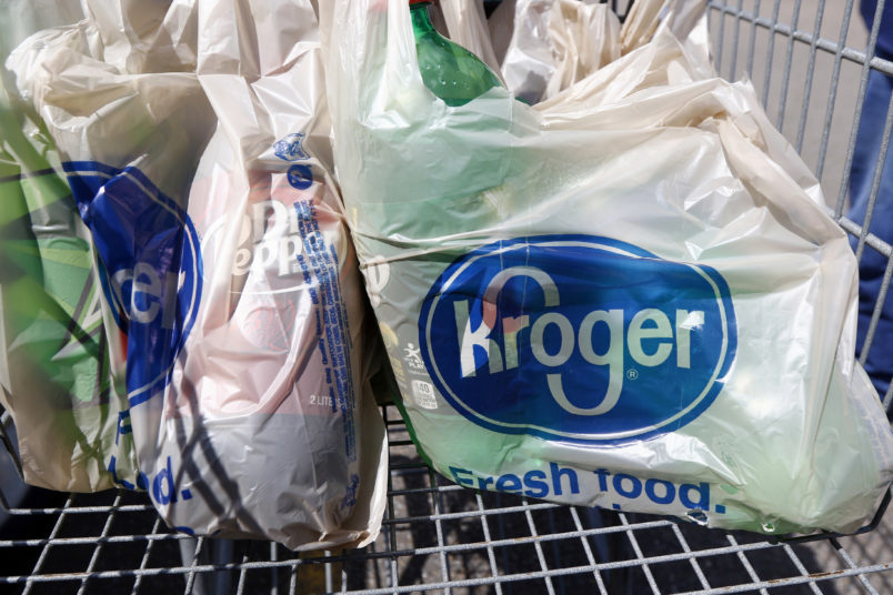 HFS-Bagged purchases from the Kroger grocery store in FLowood, Miss., sit inside this shopping cart Thursday, June 15, 2017. (AP Photo/Rogelio V. Solis)
