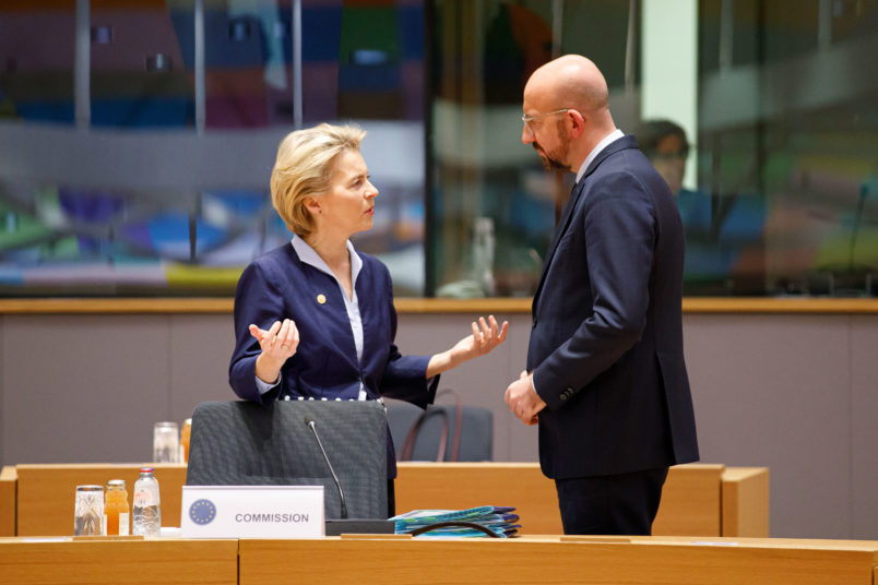 BRUSSELS, BELGIUM - 2019/12/12: European Council President Ursula von der Leyen and European Council President Charles Michel talks at the European Union leaders year-end summit in Brussels. (Photo by JP Black/LightRocket via Getty Images)