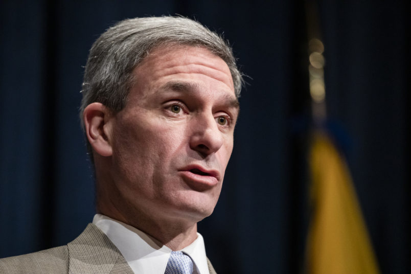 WASHINGTON, DC - FEBRUARY 07: Homeland Security Acting Deputy Secretary Ken Cuccinelli speaks during a press conference on recent developments with the coronavirus with other members of President Trump's Coronavirus Task Force at the Health and Human Services headquarters on February 7, 2020 in Washington, DC. Li Wenliang, the 33-year-old ophthalmologist based in Wuhan who was detained by the Chinese Government after raising early warnings about the virus, died on Friday from the virus. (Photo by Samuel Corum/Getty Images) *** Local Caption *** Ken Cuccinelli