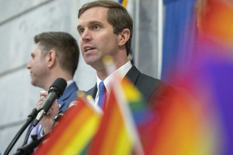 Kentucky Gov. Andy Beshear speaks during the statewide Fairness Rally at the Kentucky state Capitol in Frankfort, Ky. on Wednesday, Feb. 19, 2020. (Ryan C. Hermens/Lexington Herald-Leader/TNS)