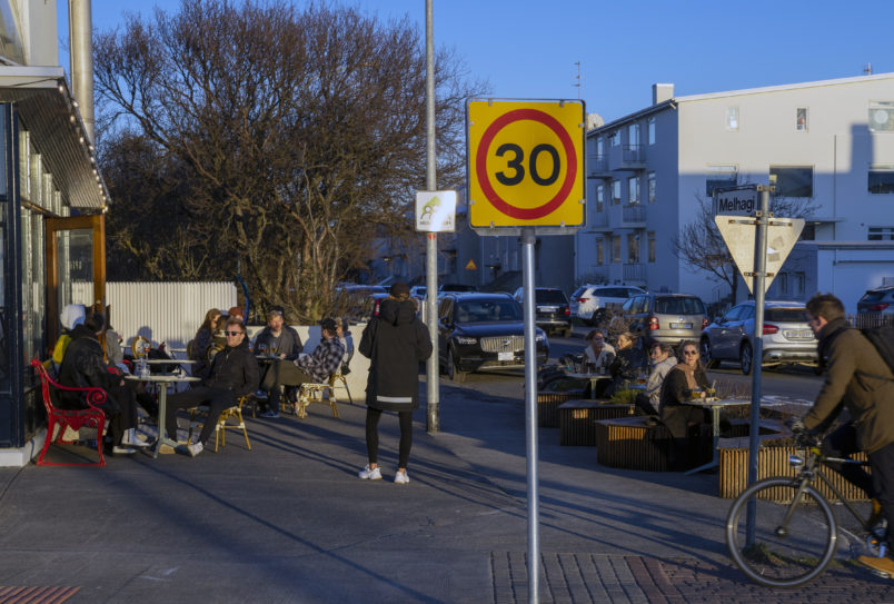 This picture taken 29 April, 2020, shows peopled gatering at a  restaurant in Reykjavík after the country recorded days of zero new cases of COVID-19.