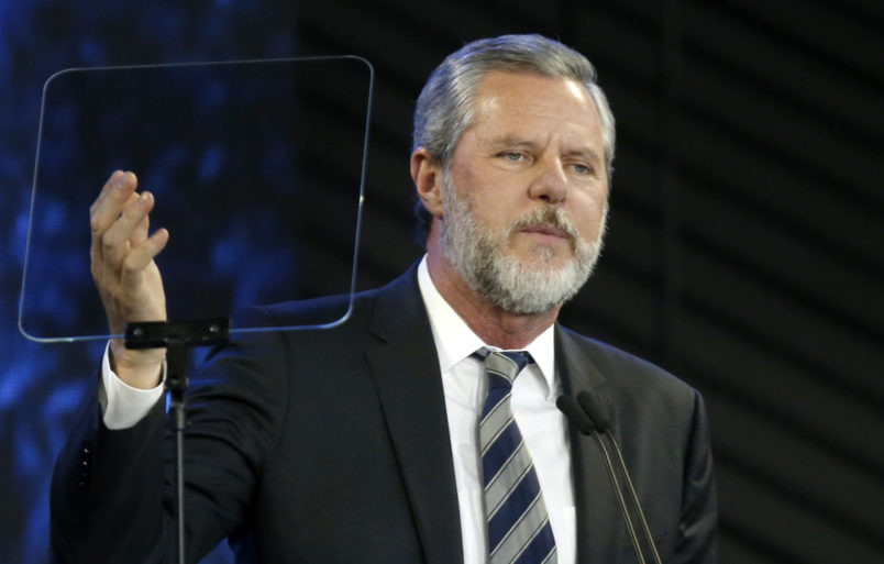 Rev. Jerry Falwell Jr., speaks before a convocation at Liberty University in Lynchburg, Va., Wednesday, Nov. 28, 2018. (AP Photo/Steve Helber)