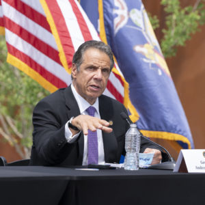 TARRYTOWN, NEW YORK, UNITED STATES - 2020/06/15: Governor Andrew Cuomo holds daily press briefing at the foot of Mario Cuomo Bridge in Tarrytown. Cuomo is opening up a  "shared use path" for pedestrians and bike riders. The path is 3.6 miles long and features 6 scenic overlooks, public art and interactive displays. (Photo by Lev Radin/Pacific Press/LightRocket via Getty Images)