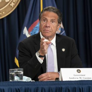 NEW YORK, UNITED STATES - 2020/06/24: Governor Andrew Cuomo makes an announcement and holds media briefing at 3rd Avenue office. New Jersey Governor Phil Murphy and Connecticut Governor Ned Lamont joined Cuomo with announcement of  incoming travel advisory that all individuals traveling from states with significant community spread of COVID-19 quarantine for a 14-day period from the time of last contact within the identified state. This quarantine applies to any person arriving from a state with a positive test rate higher than 10 per 100,000 residents over a 7-day rolling average or a state with a 10% or higher positivity rate over a 7-day rolling average. (Photo by Lev Radin/Pacific Press/LightRocket via Getty Images)