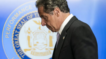NEW YORK, UNITED STATES - 2020/06/24: Governor Andrew Cuomo makes an announcement and holds media briefing at 3rd Avenue office. New Jersey Governor Phil Murphy and Connecticut Governor Ned Lamont joined Cuomo with announcement of  incoming travel advisory that all individuals traveling from states with significant community spread of COVID-19 quarantine for a 14-day period from the time of last contact within the identified state. This quarantine applies to any person arriving from a state with a positive test rate higher than 10 per 100,000 residents over a 7-day rolling average or a state with a 10% or higher positivity rate over a 7-day rolling average. (Photo by Lev Radin/Pacific Press/LightRocket via Getty Images)