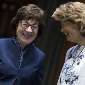 UNITED STATES - JANUARY 15: Sens. Susan Collins, R-Maine, left, and Lisa Murkowski, R-Alaska, attend the Senate Appropriations Committee markup on the “United States-Mexico-Canada Agreement Implementation Act,” in Dirksen Building on Wednesday, January 15, 2020. (Photo By Tom Williams/CQ Roll Call)