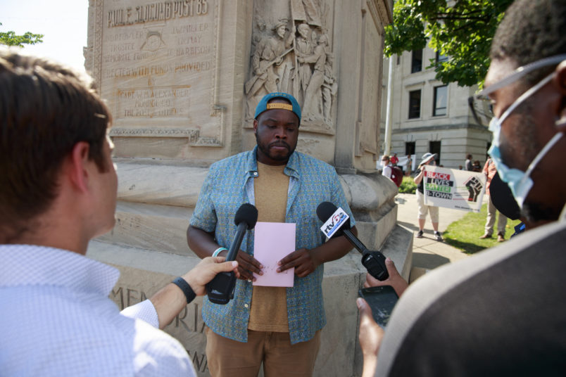 BLOOMINGTON, INDIANA, UNITED STATES - 2020/07/06: Vauhxx Booker speaks to members of the media at the Monroe County Courthouse during the demonstration.Protesters are demanding justice for Vauhxx Booker, who was allegedly attacked at Lake Monroe on Saturday the 4th of July 2020. (Photo by Jeremy Hogan/SOPA Images/LightRocket via Getty Images)