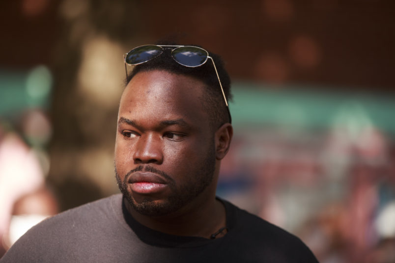 BLOOMINGTON, INDIANA, UNITED STATES - 2020/07/10: Vauhxx Booker, who was attacked during an alleged attempted lynching on the 4th of July at Monroe Lake seen during a press conference at Peoples Park in Bloomington.Booker, and his attorney are asking for a grand jury trial to investigate the assault. (Photo by Jeremy Hogan/SOPA Images/LightRocket via Getty Images)
