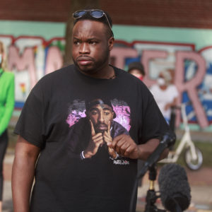 BLOOMINGTON, INDIANA, UNITED STATES - 2020/07/10: Vauhxx Booker, who was attacked during an alleged attempted lynching on the 4th of July at Monroe Lake, speaks during a press conference at Peoples Park in Bloomington.Booker, and his attorney are asking for a grand jury trial to investigate the assault. (Photo by Jeremy Hogan/SOPA Images/LightRocket via Getty Images)