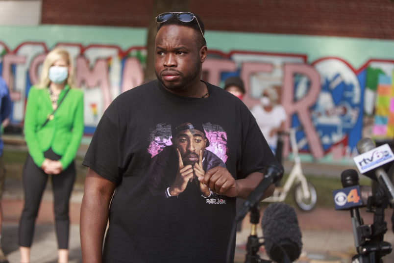 BLOOMINGTON, INDIANA, UNITED STATES - 2020/07/10: Vauhxx Booker, who was attacked during an alleged attempted lynching on the 4th of July at Monroe Lake, speaks during a press conference at Peoples Park in Bloomington.Booker, and his attorney are asking for a grand jury trial to investigate the assault. (Photo by Jeremy Hogan/SOPA Images/LightRocket via Getty Images)