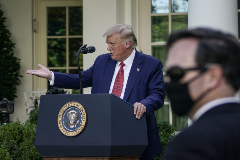 WASHINGTON, DC - JULY 14: U.S. President Donald Trump speaks to the press in the Rose Garden at the White House on July 14, 2020 in Washington, DC. President Trump spoke on several topics including Democratic presidential candidate Joe Biden, the stock market and relations with China as the coronavirus continues to spread in the U.S., with nearly 3.4 million confirmed cases. (Photo by Drew Angerer/Getty Images)