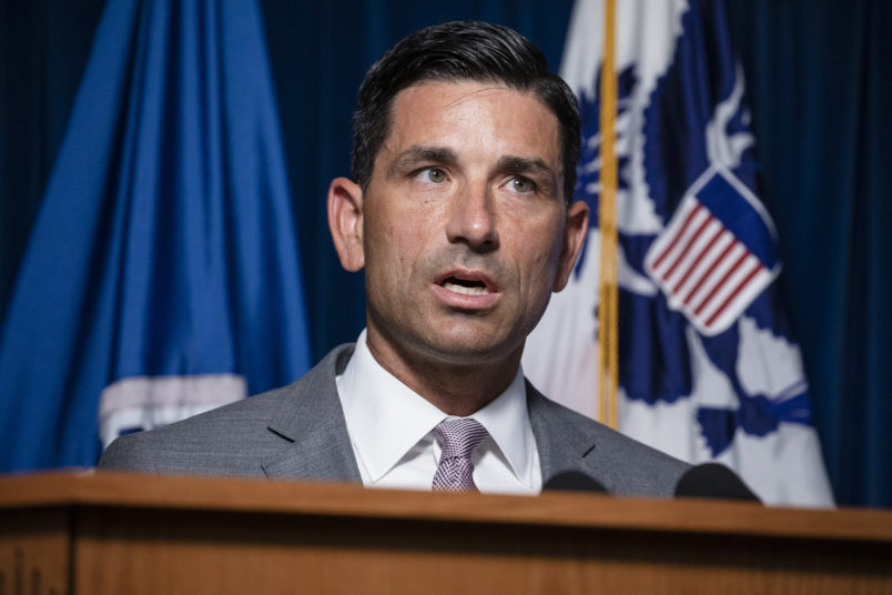 WASHINGTON, DC - JULY 21: Secretary of Homeland Security Chad Wolf speaks during a press conference on the actions taken by Customs and Border Protection and Homeland Security agents in Portland during continued protests at the US Customs and Border Patrol headquarters on July 21, 2020 in Washington, DC. (Photo by Samuel Corum/Getty Images) *** Local Caption *** Chad Wolf