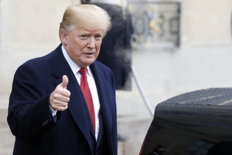 PARIS, FRANCE - NOVEMBER 10:  U.S. President Donald Trump leaves the Elysee Presidential Palace after his lunch with French President Emmanuel Macron and his wife Brigitte Macron on November 10, 2018 in Paris, France. President Trump is in Paris to participate in the international ceremony of the Armistice Centenary of 1918 at the Arc de Triomphe on November 11, 2018. Heads of State from around the world meet in Paris to commemorate the end of the first World War (WWI).  (Photo by Chesnot/Getty Images) *** Local Caption *** Donald Trump