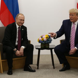 OSAKA, JAPAN - JUNE,28 (RUSSIA OUT) U.S. President Donald Trump (R) and Russian President Vladimir Putin (L) attend their bilateral meeting at the G20 Osaka Summit 2019, in Osaka, Japan, June,28,2019. Vladimir Putin has arrived to Japan to partcipate the G20 Osaka Summit and to meet U.S.President Donald Trump. Photo by Mikhail Svetlov/Getty Images