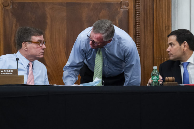 UNITED STATES - JULY 22: From left, Vice Chairman Mark Warner, D-Va., Sen. Richard Burr, R-N.C., and Acting Chairman Marco Rubio, R-Fla., attend a Senate Select Intelligence Committee confirmation hearing in Russell Building on Wednesday, July 22, 2020. Christopher Miller, nominee to be director of the National Counterterrorism Center, and Patrick Hovakimian, nominee to be general counsel of the office of the Director of National Intelligence, testified. (Photo By Tom Williams/CQ Roll Call)