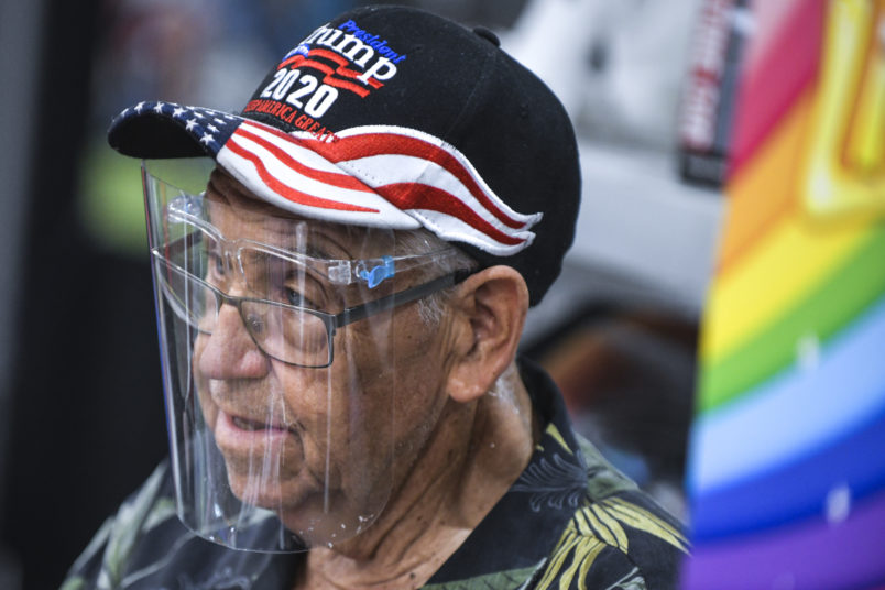 STURGIS, SD - AUGUST 07: Gene Haheim sells face shields during the 80th Annual Sturgis Motorcycle Rally on August 7, 2020 in Sturgis, South Dakota. While the rally usually attracts around 500,000 people, officials estimate that more than 250,000 people may still show up to this year's festival despite the coronavirus pandemic. (Photo by Michael Ciaglo/Getty Images)