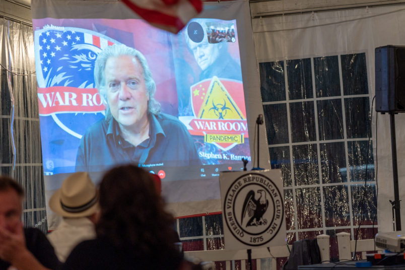 NEW YORK, UNITED STATES - 2020/09/03: Steve Bannon speaks with Trump supporters on Zoom at the Queens Village Republican Club meeting in Triple Crown Diner, Middle Village, Queens. (Photo by John Nacion/SOPA Images/LightRocket via Getty Images)