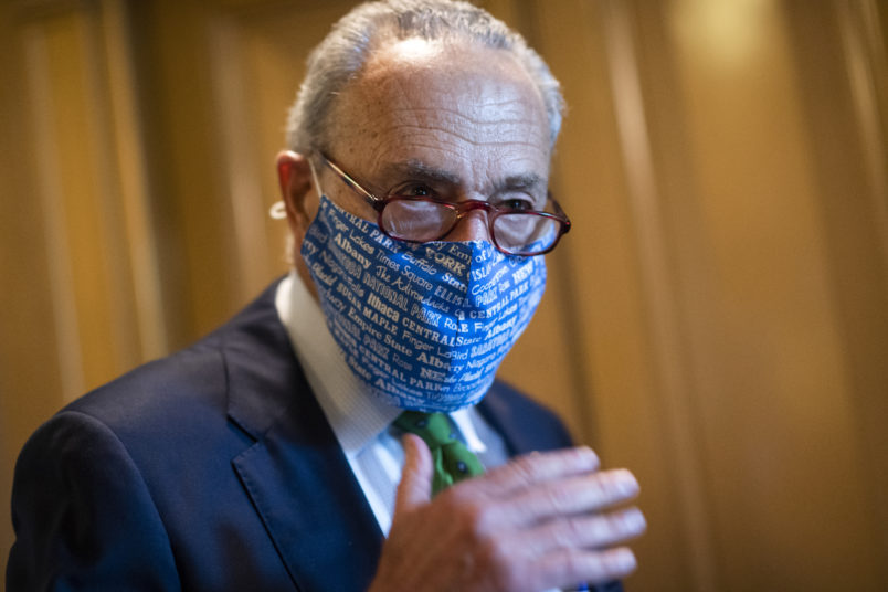 UNITED STATES - SEPTEMBER 10: Senate Minority Leader Charles Schumer, D-N.Y., talks with reporters during a procedural Senate vote on a coronavirus relief bill in the Capitol on Thursday, September 10, 2020. (Photo By Tom Williams/CQ Roll Call)