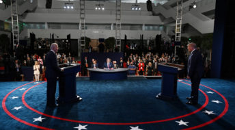 US President Donald Trump (R) and former Vice President and Democratic presidential nominee Joe Biden participate in the first presidential debate at the Health Education Campus of Case Western Reserve University on September 29, 2020 in Cleveland, Ohio. This is the first of three planned debates between the two candidates in the lead up to the election on November 3.