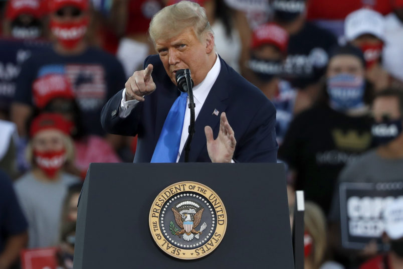 CARSON CITY, NV - OCTOBER 18: President Donald Trump gestures during a campaign rally on October 18, 2020 in Carson City, Nevada. With 16 days to go before the November election, President Trump is back on the campaign trail with multiple daily events as he continues to campaign against Democratic presidential nominee Joe Biden. (Photo by Stephen Lam/Getty Images)