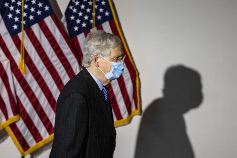 WASHINGTON, DC - OCTOBER 26: Senate Majority Leader Mitch McConnell (R-KY) heads into the Republicans Policy Luncheon on October 26, 2020 in Washington, DC. It is expected that the Senate will vote on the nomination of Judge Amy Coney Barrett to be an Associate Justice of the Supreme Court later in the day. (Photo by Samuel Corum/Getty Images) *** Local Caption *** Mitch McConnell