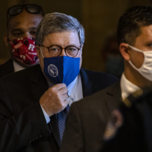WASHINGTON, DC - NOVEMBER 09: Attorney General Bill Barr leaves the US Capitol after meeting with Senate Majority Leader Mitch McConnell in his office on November 9, 2020 in Washington, DC. (Photo by Samuel Corum/Getty Images) *** Local Caption *** Bill Barr
