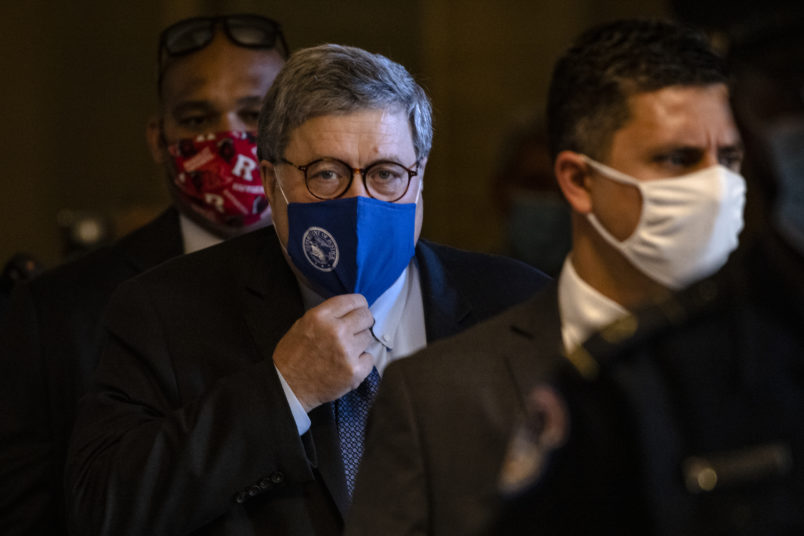 WASHINGTON, DC - NOVEMBER 09: Attorney General Bill Barr leaves the US Capitol after meeting with Senate Majority Leader Mitch McConnell in his office on November 9, 2020 in Washington, DC. (Photo by Samuel Corum/Getty Images) *** Local Caption *** Bill Barr