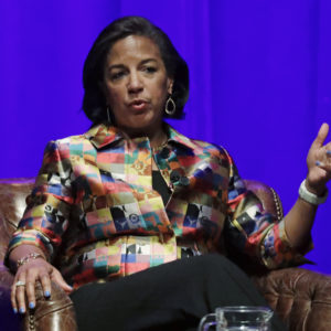 Former national security adviser Susan Rice takes part in a discussion on global leadership at Vanderbilt University Wednesday, Feb. 19, 2020, in Nashville, Tenn. (AP Photo/Mark Humphrey)