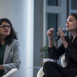 WASHINGTON, DC - SEPTEMBER 11: Rep. Alexandria Ocasio-Cortez (D-NY) speaks during a town hall hosted by the NAACP on September 11, 2019 in Washington, DC. Also pictured is Rep. Rashida Tlaib (D-MI). (Photo by Zach Gibson/Getty Images)