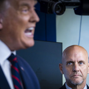 WASHINGTON, DC - AUGUST 23: FDA Commissioner Stephen Hahn looks on as President Donald Trump announces that the Food and Drug Administration is issuing an emergency authorization for blood plasma as a coronavirus treatment during a press conference in James S. Brady Briefing Room at the White House on on August 23, 2020 in Washington, DC. The move by the FDA comes after President Trump accused the FDA of slow-walking the therapy to harm his reelection chances.(Photo by Pete Marovich/Getty Images)