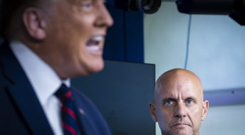 WASHINGTON, DC - AUGUST 23: FDA Commissioner Stephen Hahn looks on as President Donald Trump announces that the Food and Drug Administration is issuing an emergency authorization for blood plasma as a coronavirus treatment during a press conference in James S. Brady Briefing Room at the White House on on August 23, 2020 in Washington, DC. The move by the FDA comes after President Trump accused the FDA of slow-walking the therapy to harm his reelection chances.(Photo by Pete Marovich/Getty Images)