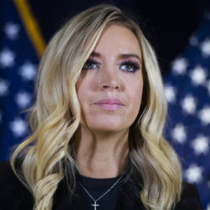 UNITED STATES - NOVEMBER 9 (FILE): Kayleigh McEnany, White House press secretary, conducts a news conference discussing Pennsylvania litigation and to “give an overview of the post-Election Day landscape,” at the RNC on Capitol Hill on Monday, November 9, 2020. Ronna McDaniel, chairwoman of the Republican National Committee, and Matthew Morgan, President Trump’s campaign general counsel, also attended. (Photo By Tom Williams/CQ Roll Call)