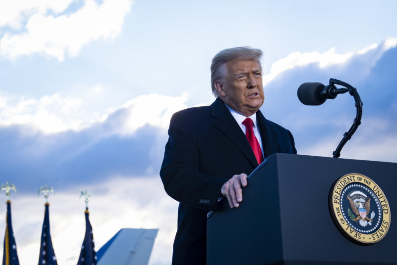 President Donald Trump speaks to supporters at Joint Base Andrews before boarding Air Force One for his last time as President on January 20, 2021. Trump is traveling to his Mar-a-Lago Club in Palm Beach, Fla. (photo by Pete Marovich for The New York Times)NYTINAUG