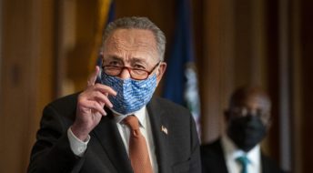 WASHINGTON, DC - JANUARY 21, 2021: Senate Majority Leader Chuck Schumer (D-NY) leads a press conference to introduce new Senators like Senator Raphael Warnock (D-GA), and Jon Ossoff (D-GA) on Capitol Hill in Washington, DC Thursday January 21, 2021. (Photo by Melina Mara/The Washington Post)