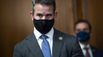 UNITED STATES - SEPTEMBER 30: Reps. Adam Kinzinger, R-Ill., left, and Mike Gallagher, R-Wis., attend a news conference on the China Task Force report in the Capitol’s Rayburn Room on Wednesday, September 30, 2020. The report outlines bipartisan action to combat threats from China. (Photo By Tom Williams/CQ Roll Call)