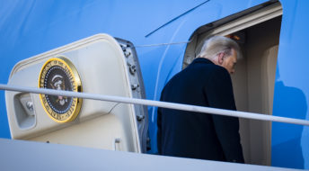 President Donald Trump boards Air Force One at Joint Base Andrews before boarding Air Force One for his last time as President on January 20, 2021. Trump is traveling to his Mar-a-Lago Club in Palm Beach, Fla. (photo by Pete Marovich for The New York Times)NYTINAUG