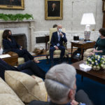 President Joe Biden and Vice President Kamala Harris meets with Republican Senators about the American Rescue Plan, in the Oval Office, Monday, Feb.1, 2021. (Photo by Doug Mills/The New York Times)
